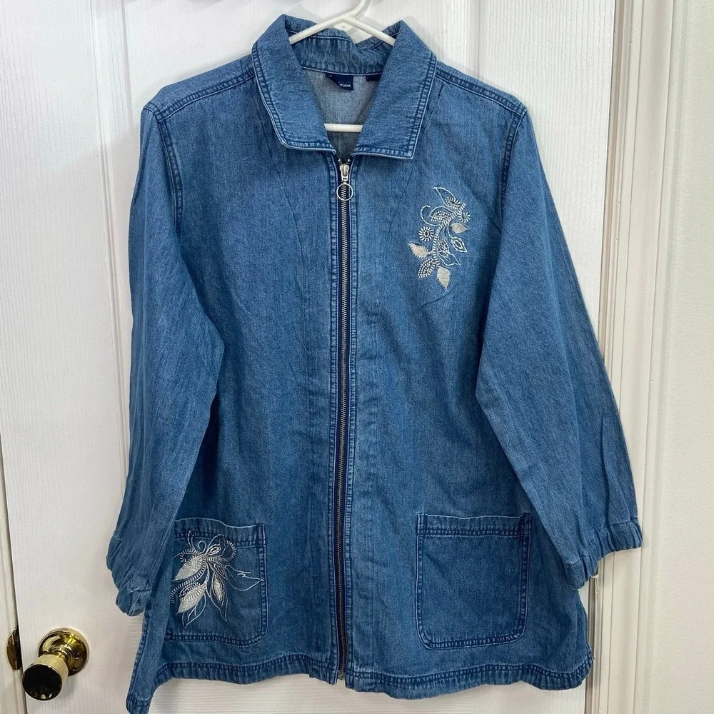 Vintage Basic Editions blue embroidered metallic full zip cotton jacket retro 2X